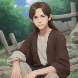 An anime teenager with long brown hair, tall and slightly thin. He has a serious expression, dressed as a traditional villager, and is sitting relaxed.