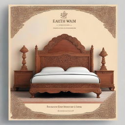 Create a cover page for a book titled 'Whispers of the Far East: A Journey Through Chinioti Carved Furniture' featuring a royal bed set that reflects the culture of Pakistani furniture