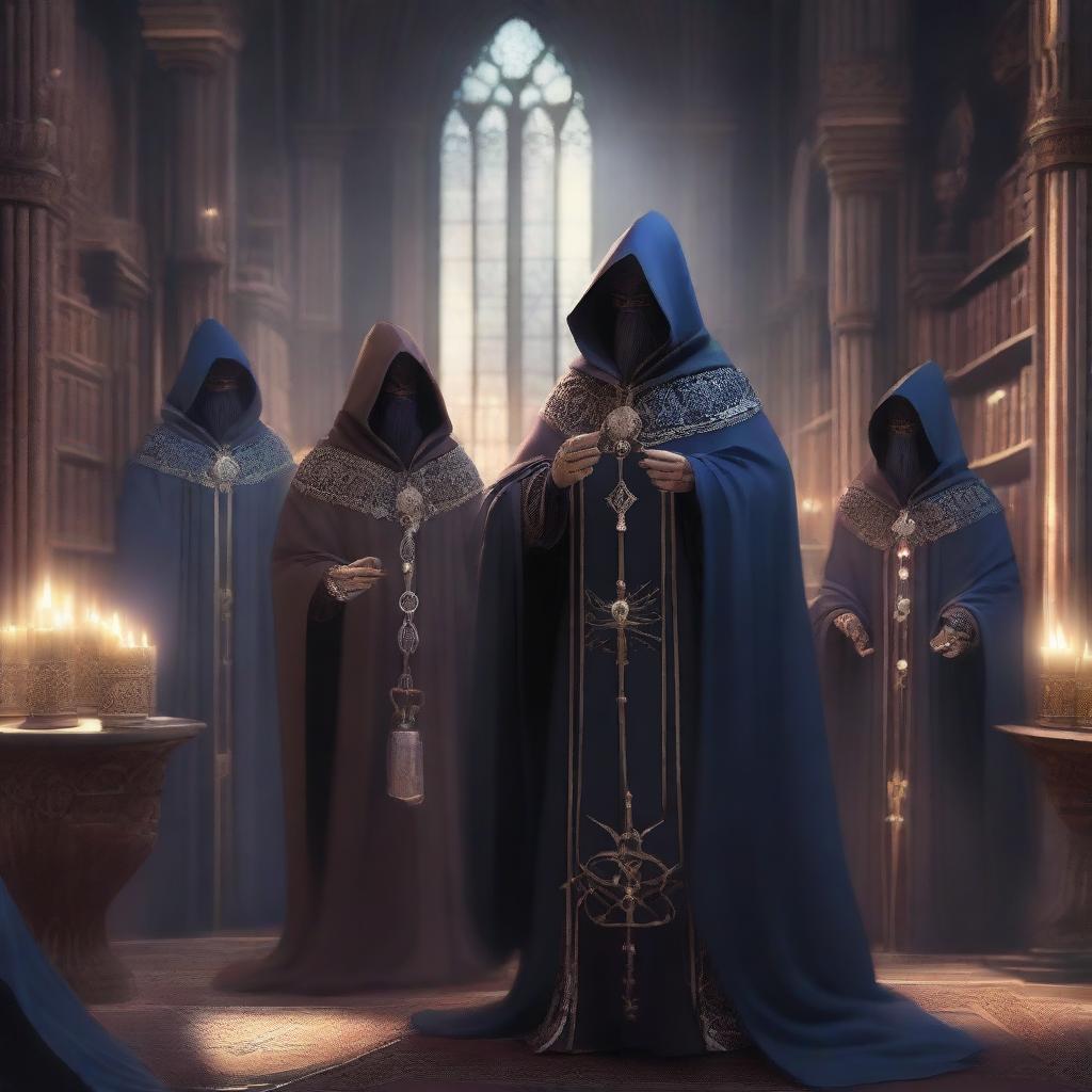 A squad of mages from the Arcane Brotherhood, depicted in elaborate robes with unique arcane symbols, standing in a powerful formation, casting spells in a grand, mystical library