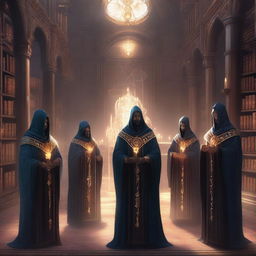 A squad of mages from the Arcane Brotherhood, depicted in elaborate robes with unique arcane symbols, standing in a powerful formation, casting spells in a grand, mystical library