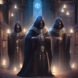 A squad of mages from the Arcane Brotherhood, depicted in elaborate robes with unique arcane symbols, standing in a powerful formation, casting spells in a grand, mystical library