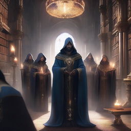 A squad of mages from the Arcane Brotherhood, depicted in elaborate robes with unique arcane symbols, standing in a powerful formation, casting spells in a grand, mystical library