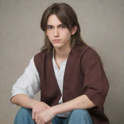 An anime teenager with long brown hair, tall and slightly thin. He has a serious expression, dressed as a traditional villager, and is sitting relaxed.