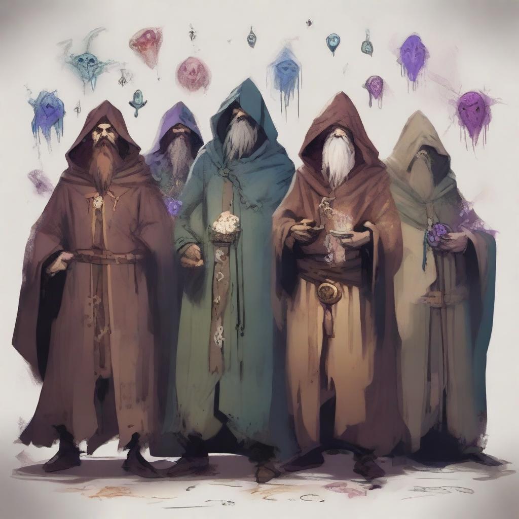 A squad of bumbling mages from the Arcane Brotherhood, depicted in mismatched and tattered robes with comically failed arcane symbols, standing in a disorganized formation, miscasting spells in a cluttered and chaotic room