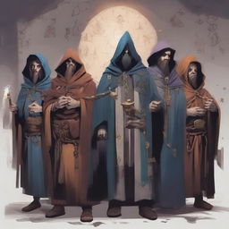 A squad of bumbling mages from the Arcane Brotherhood, depicted in mismatched and tattered robes with comically failed arcane symbols, standing in a disorganized formation, miscasting spells in a cluttered and chaotic room