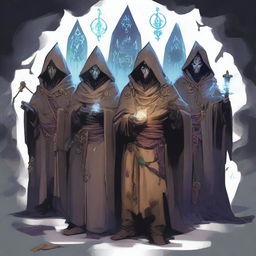 A squad of bumbling mages from the Arcane Brotherhood, depicted in mismatched and tattered robes with comically failed arcane symbols, standing in a disorganized formation, miscasting spells in a cluttered and chaotic room