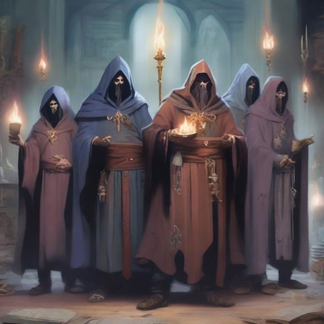 A squad of bumbling mages from the Arcane Brotherhood, depicted in mismatched and tattered robes with comically failed arcane symbols, standing in a disorganized formation, miscasting spells in a cluttered and chaotic room