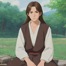 An anime teenager with long brown hair, tall and slightly thin. He has a serious expression, dressed as a traditional villager, and is sitting relaxed.