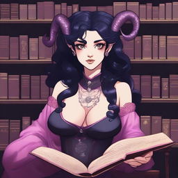 A detailed illustration of a pink-skinned female in her early 20's with black hair, a curvaceous body type, curled ram-style horns, silver eyes, and dark academia wizard style clothing