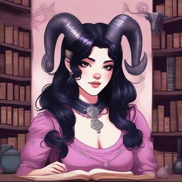 A detailed illustration of a pink-skinned female in her early 20's with black hair, a curvaceous body type, curled ram-style horns, silver eyes, and dark academia wizard style clothing