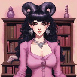 A detailed illustration of a pink-skinned female in her early 20's with black hair, a curvaceous body type, curled ram-style horns, silver eyes, and dark academia wizard style clothing