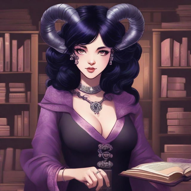 A detailed illustration of a pink-skinned female in her early 20's with black hair, a curvaceous body type, curled ram-style horns, silver eyes, and dark academia wizard style clothing