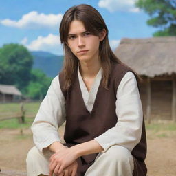 An anime teenager with long brown hair, tall and slightly thin. He has a serious expression, dressed as a traditional villager, and is sitting relaxed.