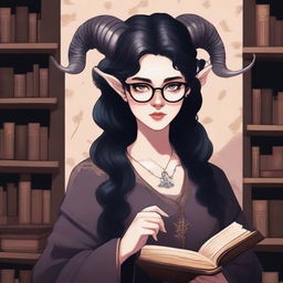 A detailed illustration of a pale rose-skinned female in her early 20's with glasses, black hair, a curvaceous body type, curled ram-style horns, silver eyes, and dark academic wizard style clothing