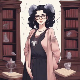 A detailed illustration of a pale rose-skinned female in her early 20's with glasses, black hair, a curvaceous body type, curled ram-style horns, silver eyes, and dark academic wizard style clothing