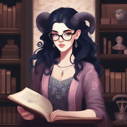 A detailed illustration of a pale rose-skinned female in her early 20's with glasses, black hair, a curvaceous body type, curled ram-style horns, silver eyes, and dark academic wizard style clothing