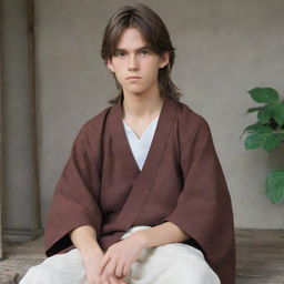 Anime character: a teenage boy with long brown hair, tall, a little thin but well-toned. He has a serious expression, is seated and dressed in traditional villager attire.