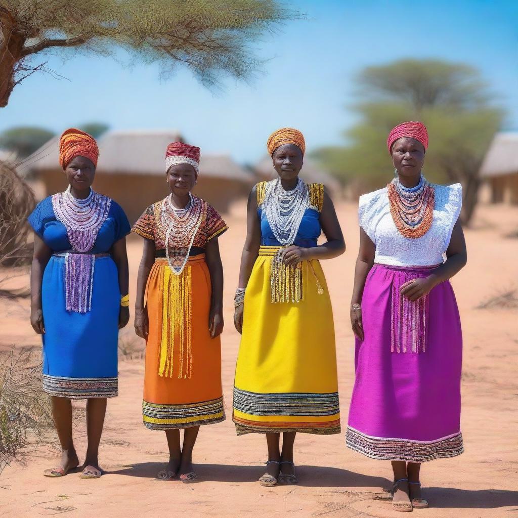 A picturesque scene of a Botswana village with queens dressed in traditional attire