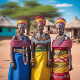 A picturesque scene of a Botswana village with queens dressed in traditional attire