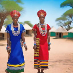 A picturesque scene of a Botswana village with queens dressed in traditional attire