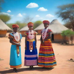 A picturesque scene of a Botswana village with queens dressed in traditional attire