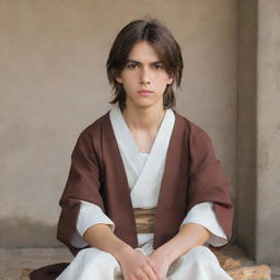 Anime character: a teenage boy with long brown hair, tall, a little thin but well-toned. He has a serious expression, is seated and dressed in traditional villager attire.