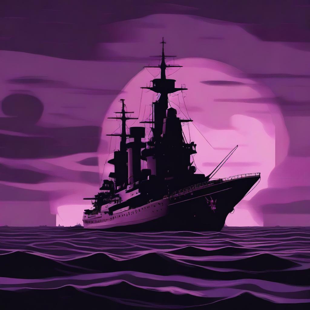 A reddish-brown warship sailing on dark waves beneath a purple-black sky with the silhouette of the Host Tower in the background