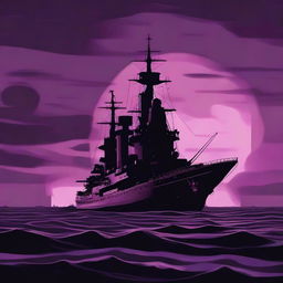 A reddish-brown warship sailing on dark waves beneath a purple-black sky with the silhouette of the Host Tower in the background