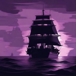 A reddish-brown warship sailing on dark waves beneath a purple-black sky with the silhouette of the Host Tower in the background