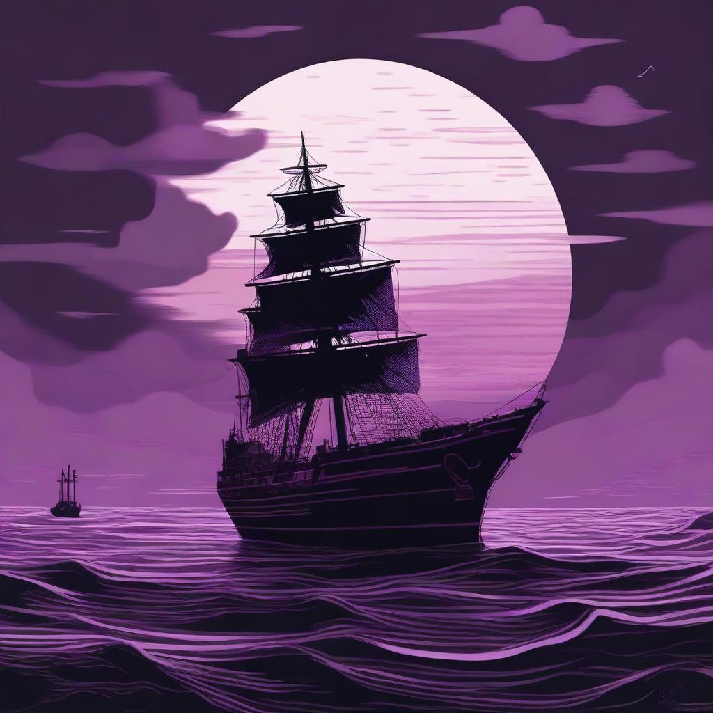 A reddish-brown warship sailing on dark waves beneath a purple-black sky with the silhouette of the Host Tower in the background