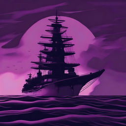 A reddish-brown warship sailing on dark waves beneath a purple-black sky with the silhouette of the Host Tower in the background