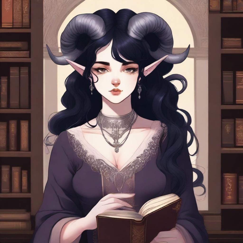 A detailed illustration of a pale rose-skinned female in her early 20's with black hair, a curvaceous body type, curled ram-style horns, silver eyes, and dark academic wizard style clothing