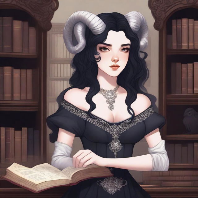 A detailed illustration of a pale rose-skinned female in her early 20's with black hair, a curvaceous body type, curled ram-style horns, silver eyes, and dark academic wizard style clothing