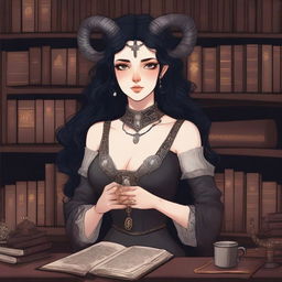 A detailed illustration of a pale rose-skinned female in her early 20's with black hair, a curvaceous body type, curled ram-style horns, silver eyes, and dark academic wizard style clothing