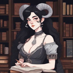 A detailed illustration of a pale rose-skinned female in her early 20's with black hair, a curvaceous body type, curled ram-style horns, silver eyes, and dark academic wizard style clothing