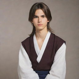 Anime character: a teenage boy with long brown hair, tall, a little thin but well-toned. He has a serious expression, is seated and dressed in traditional villager attire.