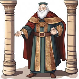 A friendly medieval judge dressed in fine, richly decorated robes, with a warm and approachable demeanor and a gentle smile.