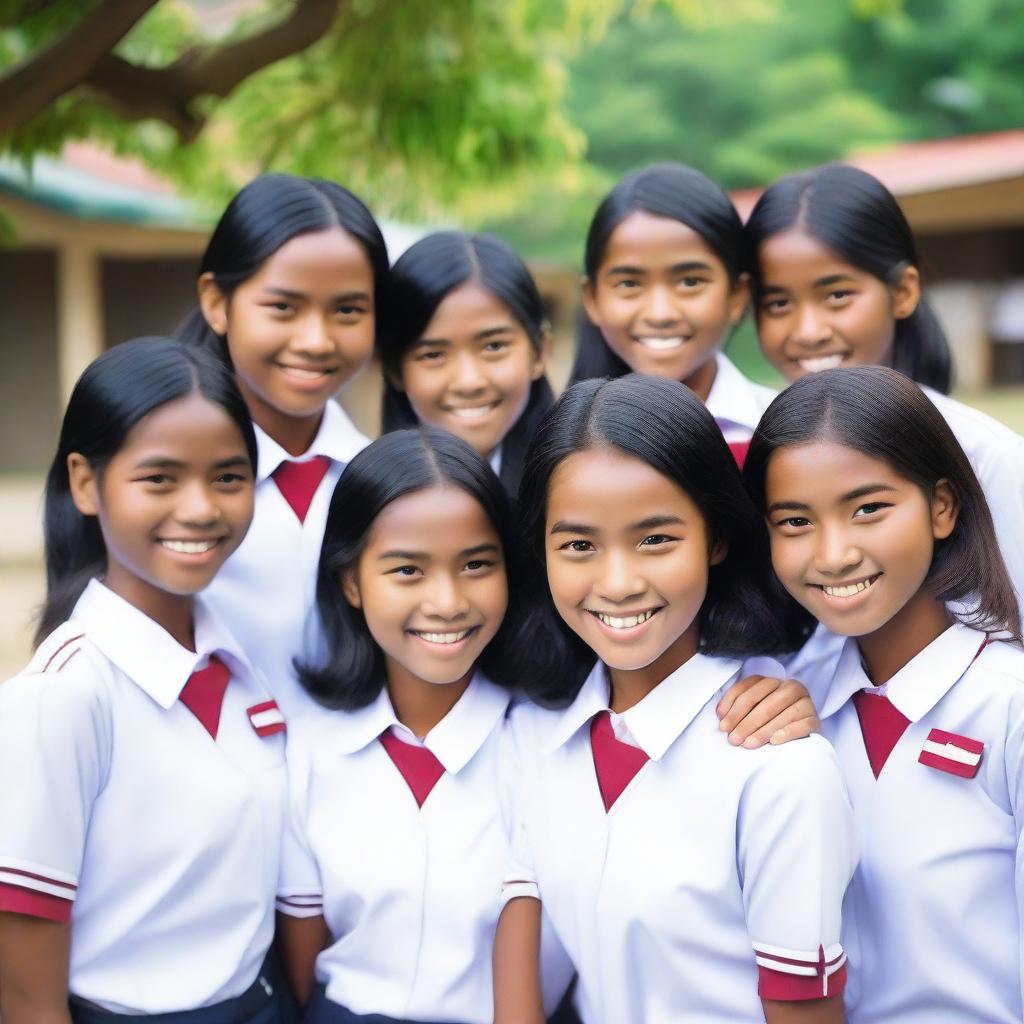 A group of Indonesian high school girls wearing traditional school uniforms, standing together and smiling