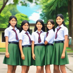 A group of Indonesian high school girls wearing traditional school uniforms, standing together and smiling