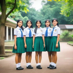 A group of Indonesian high school girls wearing traditional school uniforms, standing together and smiling