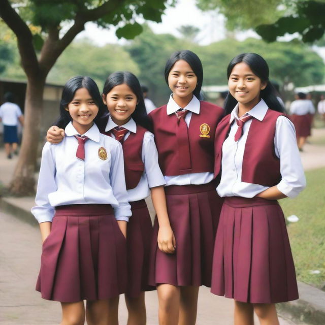 A group of Indonesian high school girls wearing traditional school uniforms, standing together and smiling