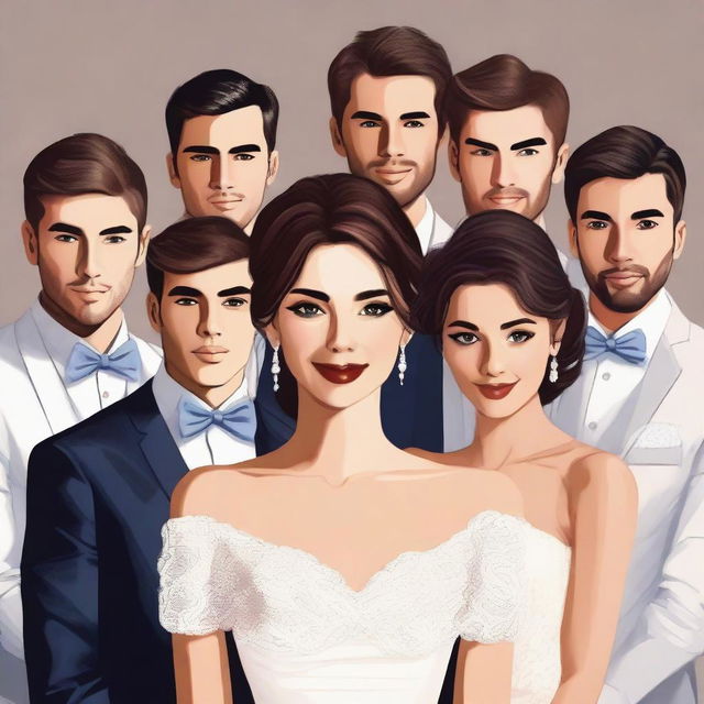 A very beautiful modern young woman in a wedding dress is surrounded by six handsome men, each with different clothing styles and hairstyles