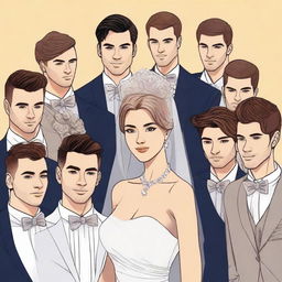 A very beautiful modern young woman in a wedding dress is surrounded by six handsome men, each with different clothing styles and hairstyles