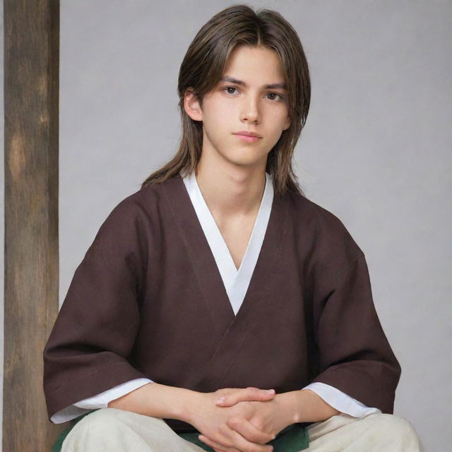 Anime character: a teenage boy with long brown hair, tall, a little thin but well-toned. He has a serious expression, is seated and dressed in traditional villager attire.