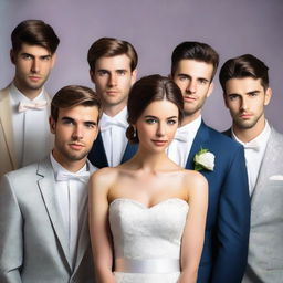 A very beautiful modern young woman in a wedding dress is surrounded by six handsome men, each with different clothing styles and hairstyles