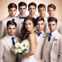 A very beautiful modern young woman in a wedding dress is surrounded by six handsome men, each with different clothing styles and hairstyles