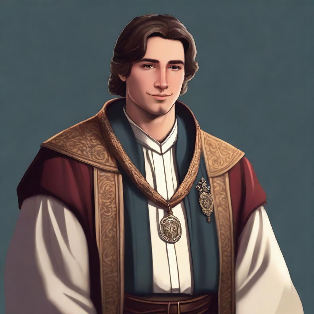 A young, friendly medieval judge dressed in fine robes