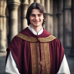 A young, friendly medieval judge dressed in fine robes