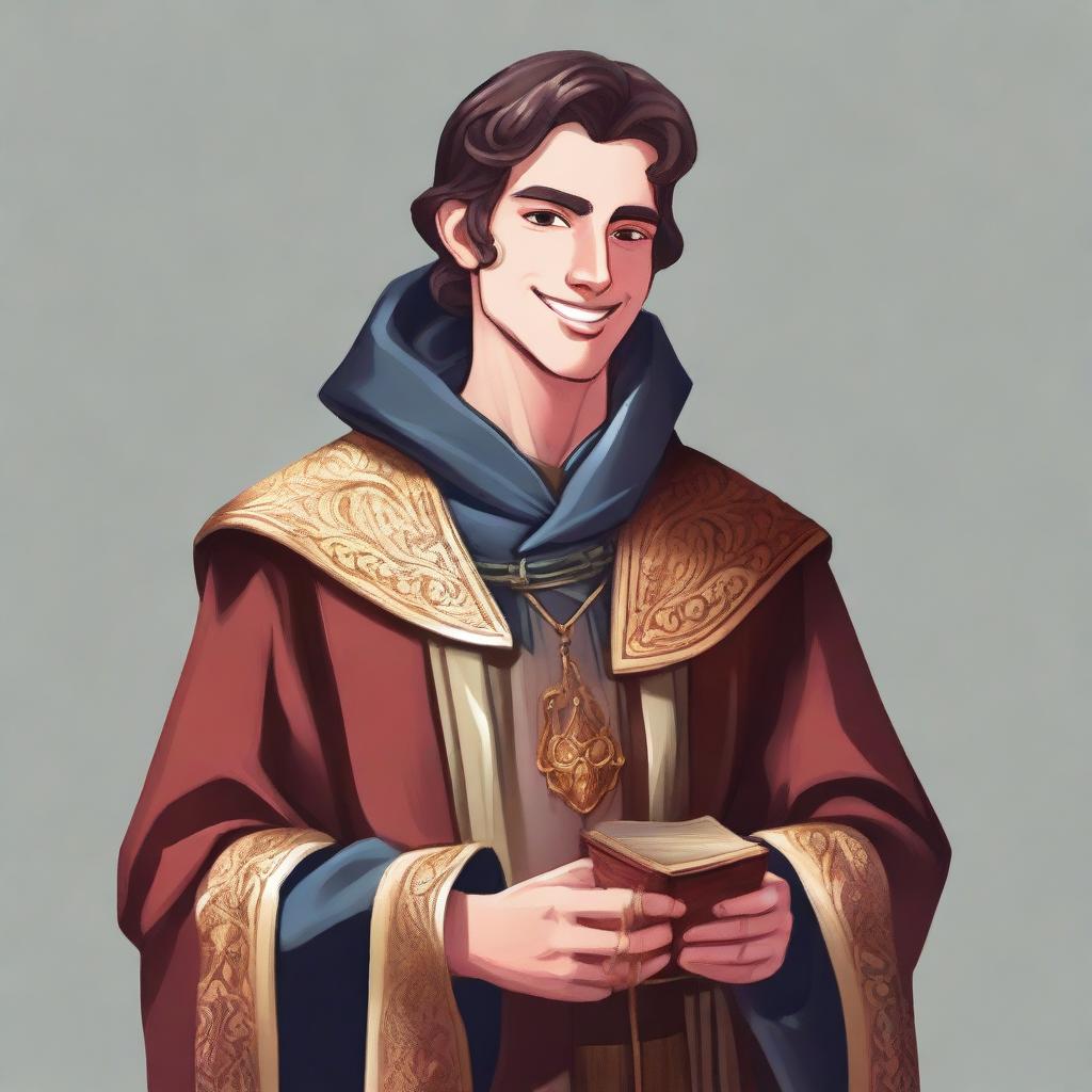 A young, friendly medieval judge dressed in fine, richly decorated robes