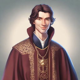 A young, friendly medieval judge dressed in fine, richly decorated robes